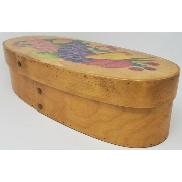Vintage Wooden Oval Box With Hand Painted Fruit Design Signed 16" Tole Decor - Picture 5 of 10